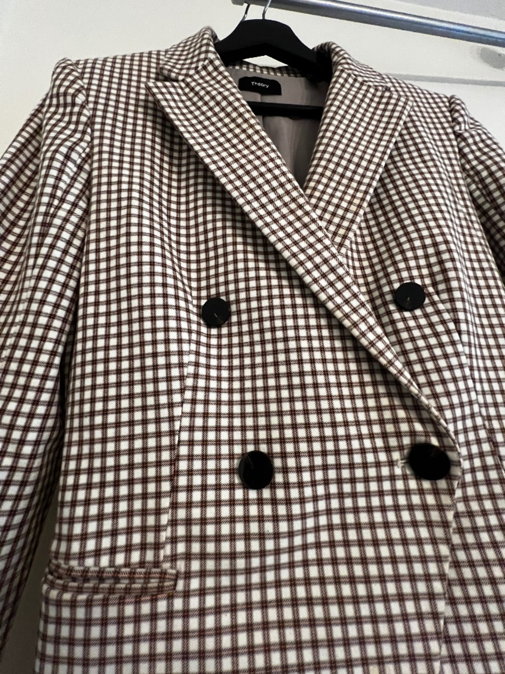 Theory Double Breasted Blazer Size 6 Ivory Grid Check Stretch - Picture 5 of 11